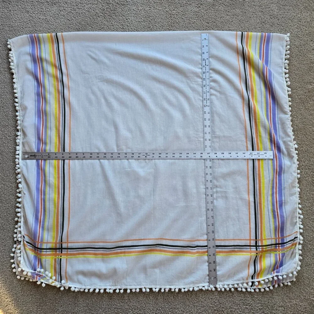 Lightweight Striped Summer Scarf or Sarong with Pom Pom Border